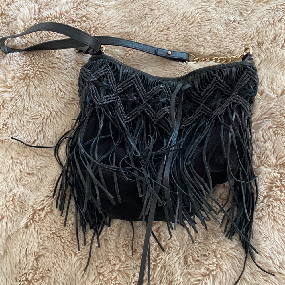 Suede hobo bag with fringe details
